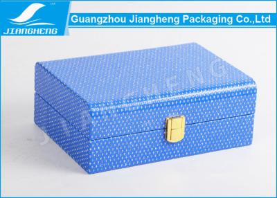 China Small Size Blue PU Leather Gift Box / Leather Packaging Box With Gold Lock for sale