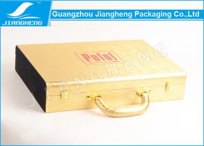 China Gold Shiny Faux Leather Gift Storage Box Red Logo Hot Stamped With Handle for sale