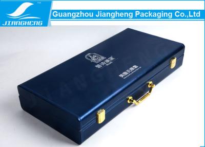 China Durable Dark Blue PU Leather Packaging Box With Luxury Silvery Logo Stamping for sale