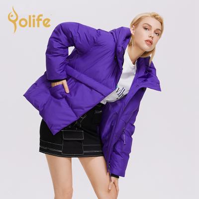 China 2021 Winter Women Hooded Jacket Waterproof Asymmetric Designer Short Parka Zipper Pocket Coat Detachable Strap Parkas for sale