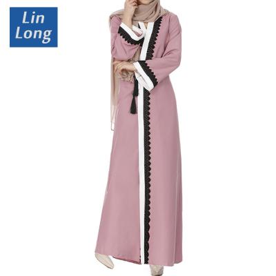 China Hot Sale Duba Maxi Dress Pink Lace Open Front Muslim Kimono Abaya Open Abaya for sale