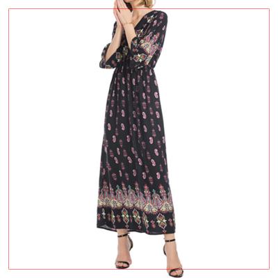 China Fashion New National Orientation Clothing Printed V-Collar Bell Sleeve Mid Length Dress for sale