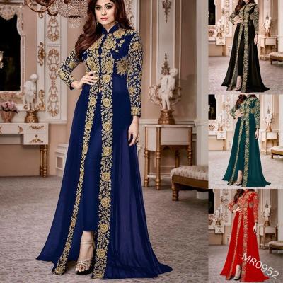 China New Retro Ethnic Printing Muslim Dress 0952 2 Piece Temperament Dress Long Sleeve Stand Collar for sale