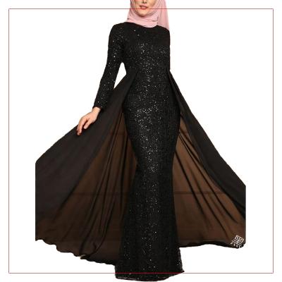 China Anti-wrinkle Factory Stain Muslim High Waist Skirt Women's Long Sleeve Sequin Yarn Flounced Flounced Dress for sale