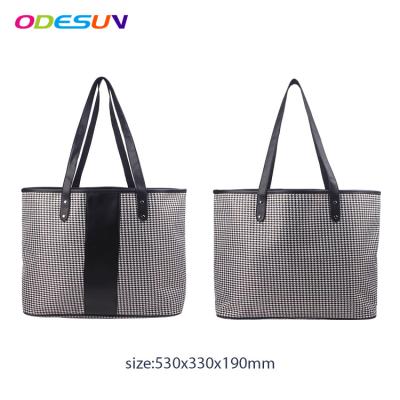 China New Eco-friendly BSCI Audit Material Sedex 4P Houndstooth Promotional Polyester And PU Tote Bag for sale