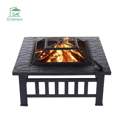 China Stocked Steel Fire Pit For Outdoor Camping EMERSON Garden Patio BBQ Furniture Portable Square Metal Fire Pit for sale