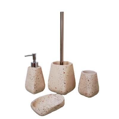 China Sustainable Beige Modern Washroom Polyresin Terrazzo Set Hotel Bathroom Accessories Set Bathroom Set for sale