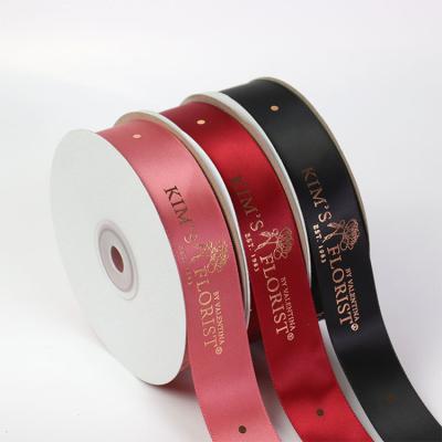 China Eco-friendly high quality custom gold foil printed polyester gift satin logo ribbon for sale