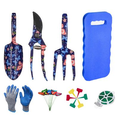 China 27PCS Portability Garden Tools Floral Print Garden Tool Kit Hand Trowel Rake Weeder Pruner Heavy Duty Aluminum Sprayer for sale