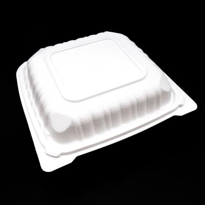 China Disposable Compostable Plastic Clamshell Hinged Take Out Food Packaging Container for sale