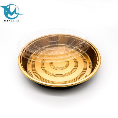 China Stocked Sushi Platter Golden Tray For Party Disposable Dishes Food Box With Lid Around Plastic Containers for sale