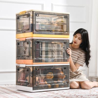 China Home Organizers Plastic Front Opening Toy Storage Cabinet Folding Stackable Household Snack Storage Container Box for sale