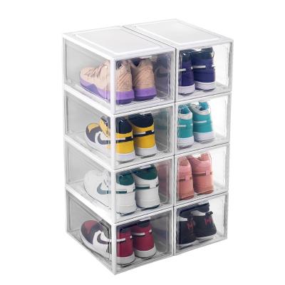 China Viable Clear Magnetic Plastic Shoe Display Boxes Drop Front Black Acrylic Custom Giant Transparent Shoe Box Stackable Shoe Storage Box for sale