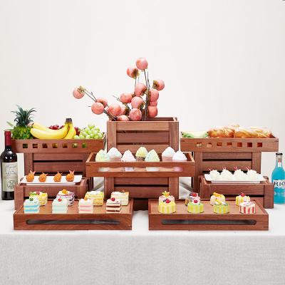 China Custom Sapele Wooden Serving Tray Fruit Wine Food Storage Create Dessert Display Rack For Party for sale