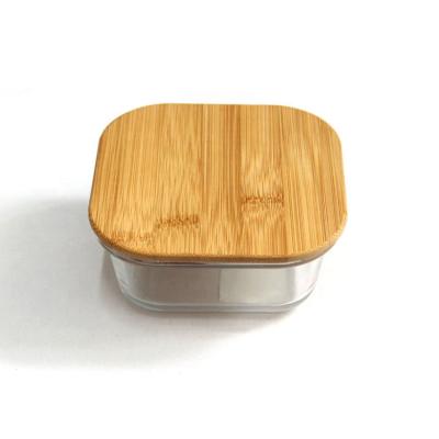 China Non Spill Customized Square Empty Glass Container With Bamboo Wood Lid for sale