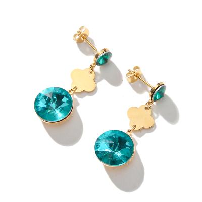 China Fancy Unique Fancy Lead Free Nickel Plated Green Gold Stainless Steel Stone Four Leaf Clover Gemstone Stud Earrings for sale