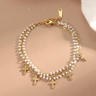 China Eco-Friendly Luxury Handmade Cross Charm Bracelet DIY Summer Multilayer Beaded Bead Bracelet For Women for sale