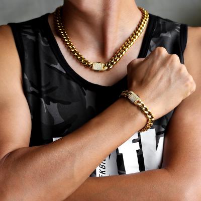 China Fashion 24k Gold Environmental Friendly Zircon Iced Out Custom Cuban Link Chain Mens Hip Hop Mens Necklace Stainless Steel Jewelry Set for sale