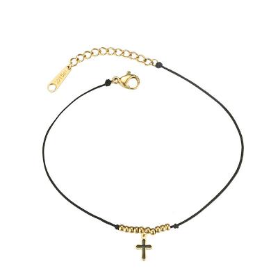 China Environmental Friendly Wholesale Braided Rope Party Event Jewelry 14K Black Gold Plated Stainless Steel CHRISTIAN Strand Cross Bracelet Opp Bracelets for sale