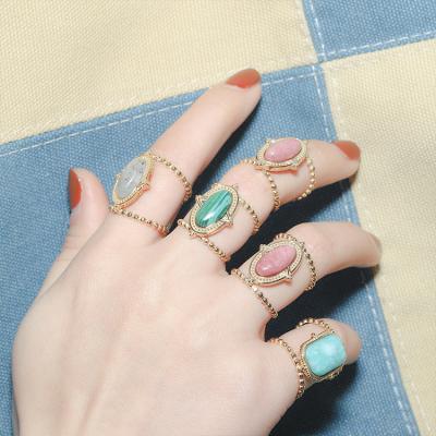 China Wedding Gift Environmental Friendly Gold Plated Turquoise Crystal Rings Natural Stone , Gemstone Double Stone Ring With Stones For Women for sale