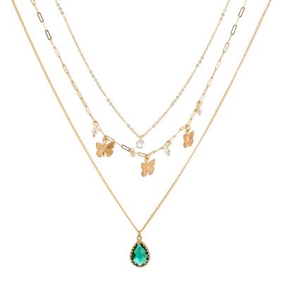 China Environmental Friendly Fashion Exquisite Emerald Drop Multilayer Necklace Set Jewelry Women Pendant Gold Plated Butterfly Charm for sale