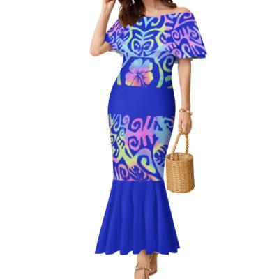 China Breathable Dropshipping Polynesia Tribal Design Dress Custom Pacific Island Pattern Plus Size Women Casual Off-Shoulder Ruffle Dress for sale