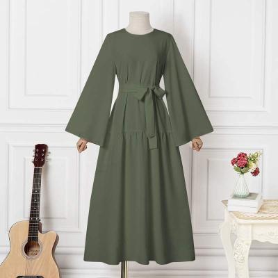 China Breathable New Arrival Islamic Clothing Trumpet Sleeves With Belt Abaya Long Maxi Crew Neck Muslim Dress for sale