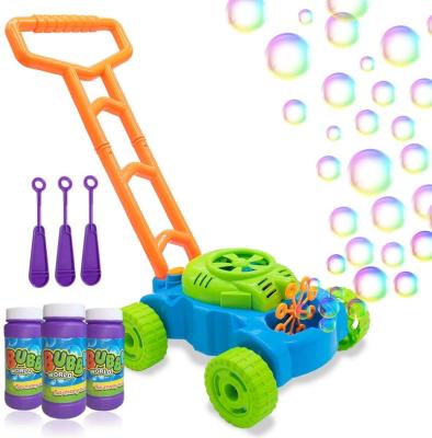 China Lighting Music Function Automatic Bubble Lawn Mower Bubble Maker Blower Machine With Bubbles Blowing Push Toys For Kids for sale