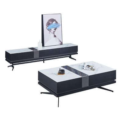 China CJT10 Combination TV Stand and Coffee Table Set Modern Cheap Slate Slab Tea Table and TV Cabinet Combination with Wooden Shelves for sale