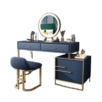 China ST1012KL High Quality Luxury 3pc Leather Mirrored Modern Black Gold Europe Dresser Set Metal Storage Bedroom Dressing Table With Chair for sale