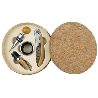 China NEW Viable Promotional Gift Wine Cork Leather Box Set Bamboo Corkscrew Wine Opener for sale