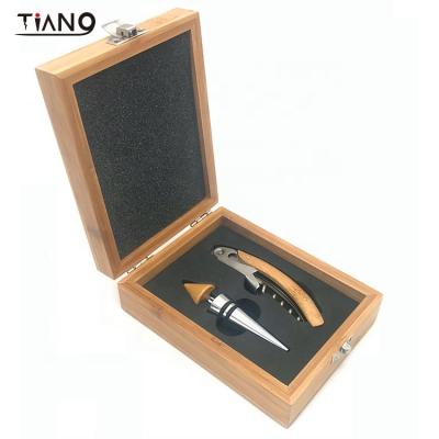 China Viable Wine Accessories 2pcs Wine Gift Tool Kit In Box Opener Corkscrew Bamboo Cork for sale