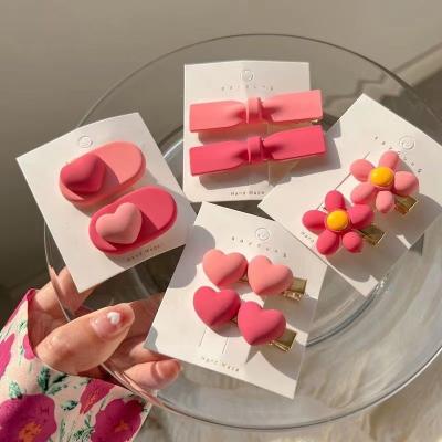 China Cute Pink Korean Hair Decoration 2pcs/set Girls Flower Bow Clip Small Love Hairpin Side Clip Female Headwear Hairpin for sale