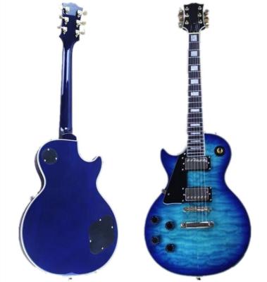 China Huiyuan reasonable LP left handed blue electric guitar with gold hardware, quilted maple veneer, offer customize for sale