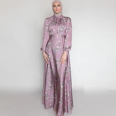 China New Sustainable Ethnic Islamic Elastic Satin Cuff Long Sleeve Apparel Maxi Party Pleated Neck Printing Muslim Dress for sale