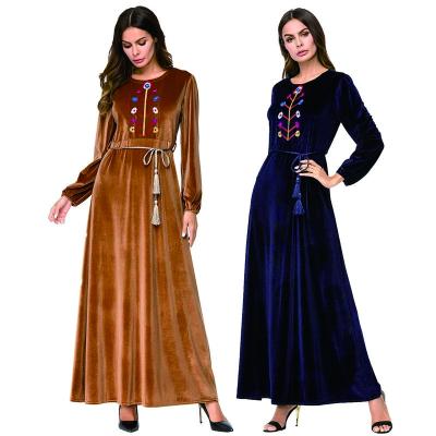 China Sustainable Popular Islamic Long Sleeves Tassels Vintage Clothing Vintage Round Neck Embroidered Muslim Dresses Front Embroidered Muslim Dresses for sale