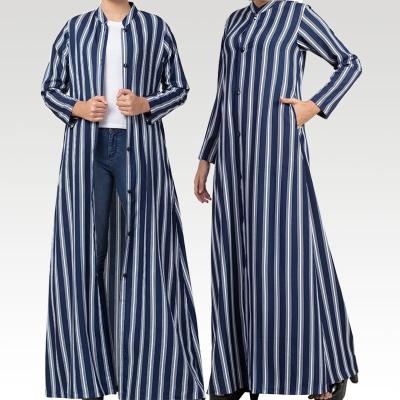 China Fashion Dubai Kaftan Pockets Stripes Stripes Crepe Front Open Abaya Casual Modern Custom Made Muslim Women Long Sleeve for sale