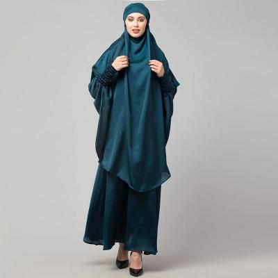 China New Muslim Islamic Clothing Women Prayer Dress 2 Pieces Teal Teal Premium Premium Shine Two Khimer Butterfly Hijab Abaya Set for sale