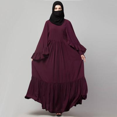 China Causal Islamic Solid Color Muslim Evening Dress Dubai Gathers Elegant Satin Flare Long Sleeves Muslim Dress for sale