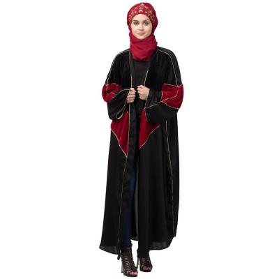 China Solid Color Dubai Kaftan Abaya Triangle Contrast Velvet Women Ladies Muslim Abaya Causal V-Neck Front Open Sleeve Long Sleeve for sale