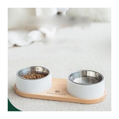 China Factory Directly Supply White Cat Bowl Stainless Steel Beech Wood Double Bowl Durable Pet Tableware for sale