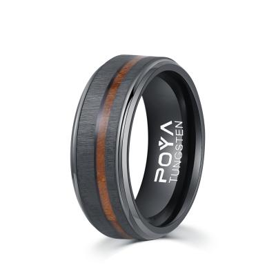 China New Style 8mm Step Edge Beveld FASHIONABLE Poya Inlay Black Tungsten Carbide Wood Ring for sale