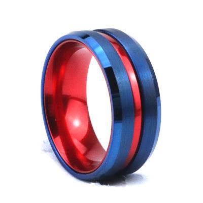 China Poya 8mm CLASSIC Beveled Edge Tungsten Ring With Anodized Red Aluminum Blue Sleeve for sale