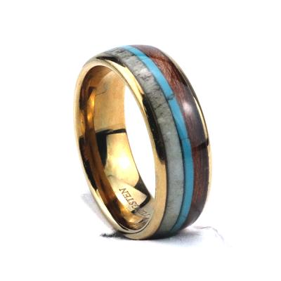 China Poya Turquoise Inlay CLASSIC Arched Wood Gold Filled Tungsten Ring 8mm New Antler for sale