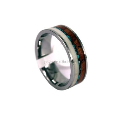 China CLASSIC 8mm Elk Antler Wood And Crushed Turquoise Inlay Tungsten Wedding Band Flat Edges Wedding Ring for sale