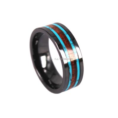 China Black Tungsten Carbide Wedding Ring POYA Jewelry Double CLASSIC Turquoise and Koa Wood Inlay, 8mm Black Tungsten Ring Comfort Fit for sale