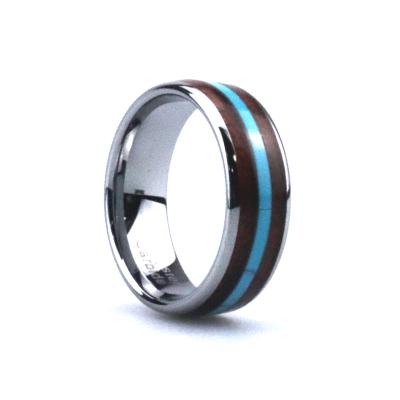 China Poya 8mm CLASSIC Arched Wedding Couple Ring Blue Tungsten With Wood Turquoise Inlay for sale