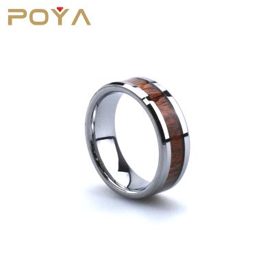 China CLASSIC Hawaiian Poya 8mm Real Koa Wood Inlay Hewn Polished Silver Tungsten Rings for sale