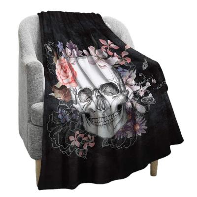 China Modern Skull Rose Design Skeleton Smooth Soft Black Print Throw Blanket for sale