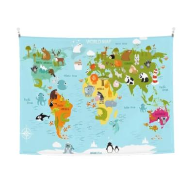 China Custom Digital Map Tapestry Printing Animal Landmarks World Map Design Fabric Wall Decoration Tapestry for sale